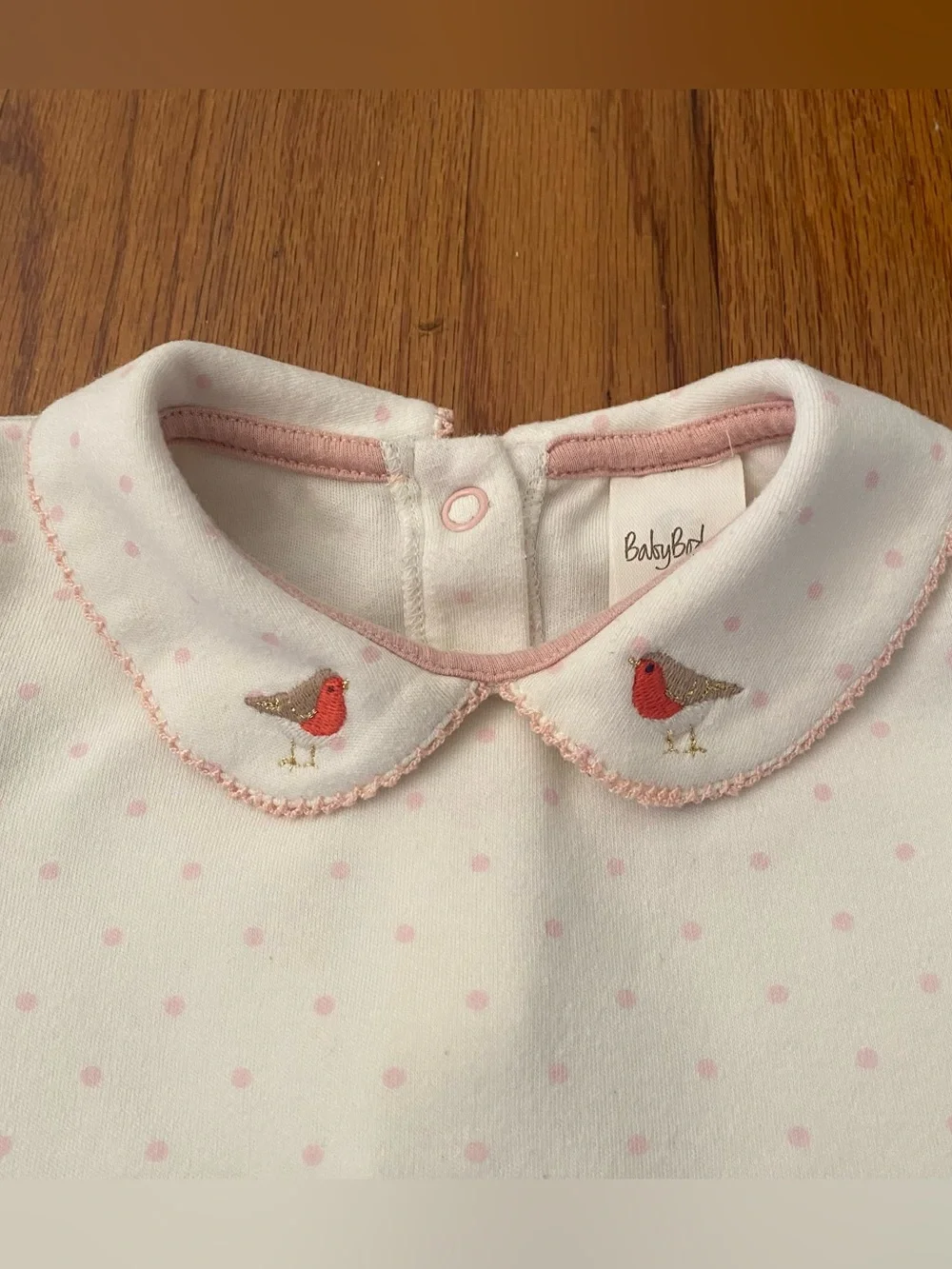 Baby Boden Dots Bodysuit with Bird Embroidered Collar
